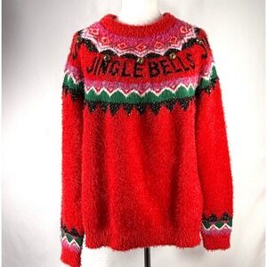 Holiday Time Red Jingle Bells Fuzzy Christmas Sweater Womens Size XXL 20 Holiday